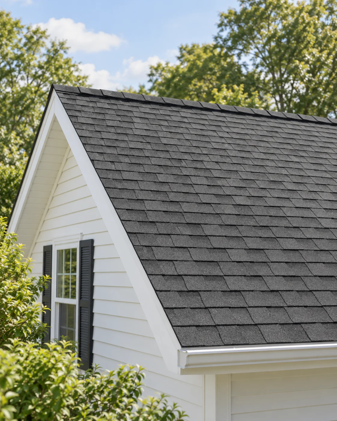 Illustration of a finished charcoal shingle roof with clean white fascia and siding